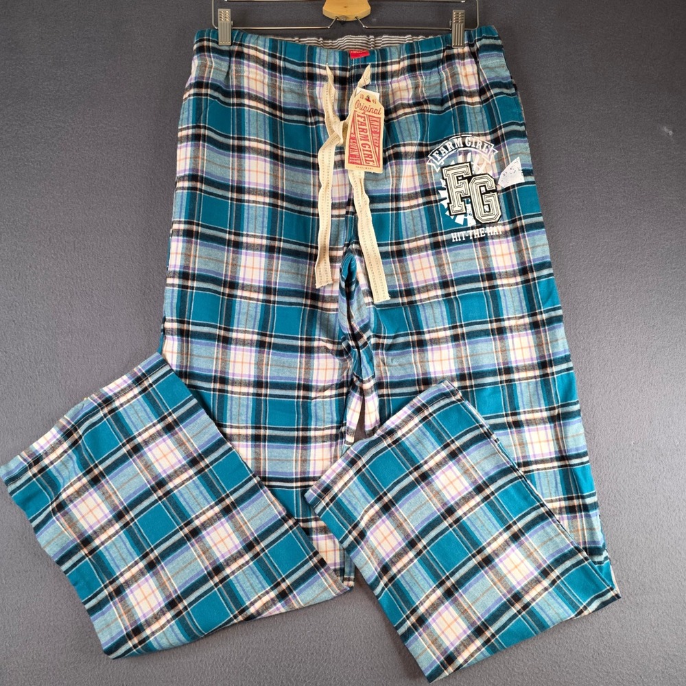 Farm Girl Pajama Pants Womens Large Teal Plaid Cotton Graphic Lounge Bottoms NWT